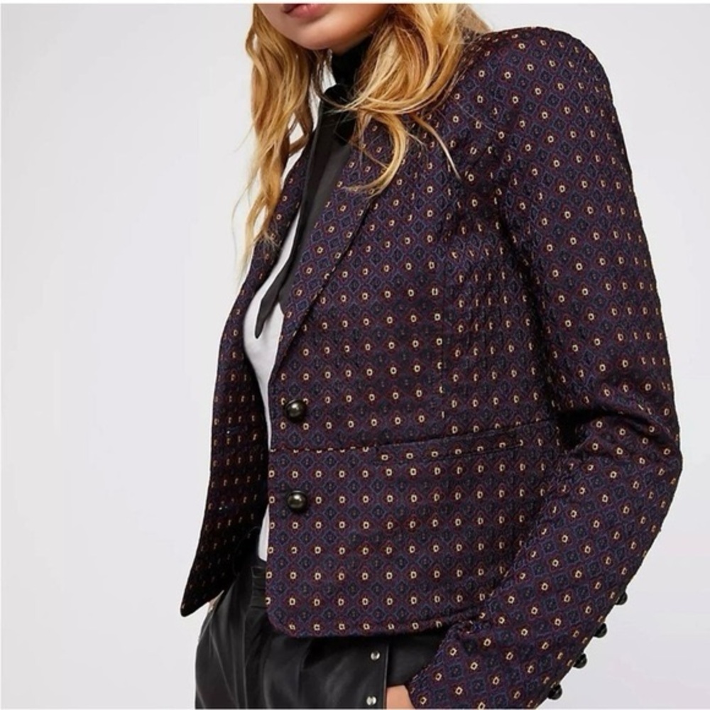 NWOT Free People Dark Blue and Gold Patterned Blazer